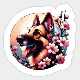 Joyful German Shepherd Dog with Spring Cherry Blossoms Sticker